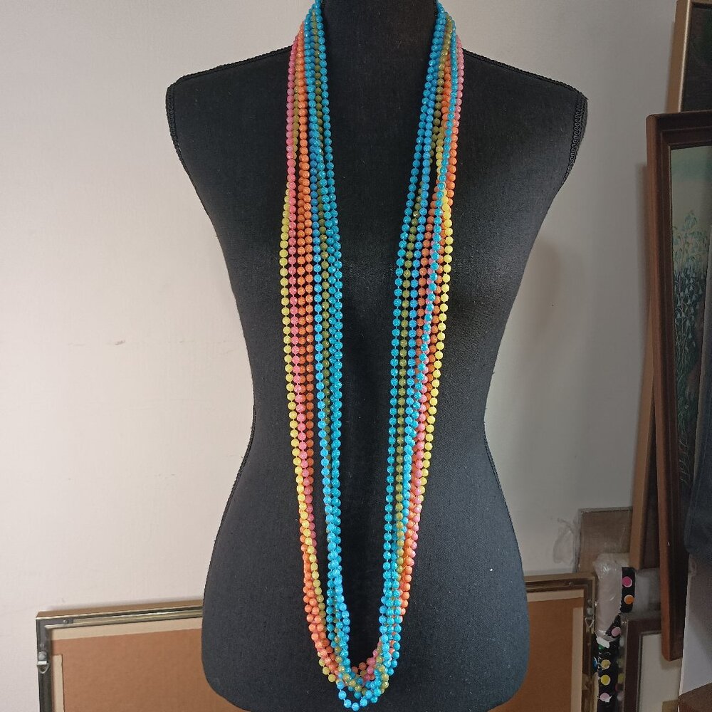 Pair of Colorful Long Plastic Beaded Vintage Necklaces Funky Groovy Pink Orange